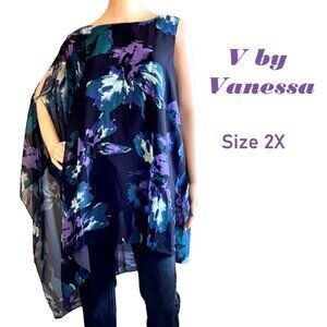 V by Vanessa Williams Asymmetrical Womens Flutter Blouse Sz 2X Floral